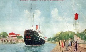 C.1910 Steamship Missouri In River At Charlevoix, MI Postcard F91 