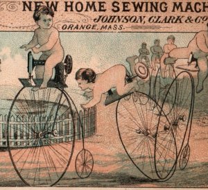 1870s New Home Sewing Machine Cherubs Penny-Farthing Crash Fantasy P146