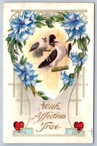 With Affection True, Birds In Heart Of Flower, Antique 1912 Embossed Postcard