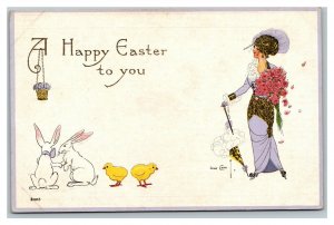 1913 Gene Carr Artist Signed Easter Postcard Rabbits Chicks Beautiful Woman