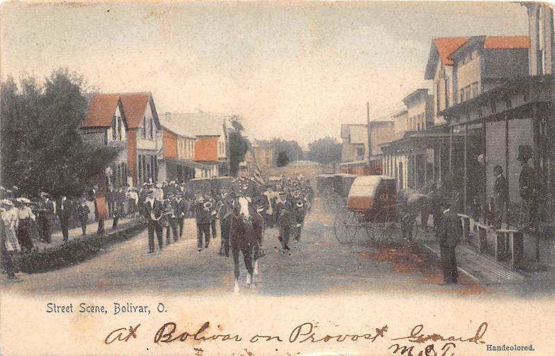 E68/ Bolivar Tuscarawas County Ohio Postcard 1906 Parade Stores Crowd