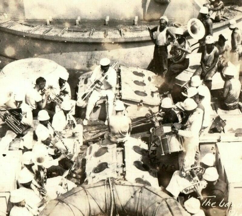 C. 1920 USS Rhode Island Navy Band Practicing on Deck Postcard P183