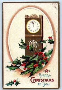 1909 Christmas Holly Berries Clock Ellen Clapsaddle Signed Artist Postcard