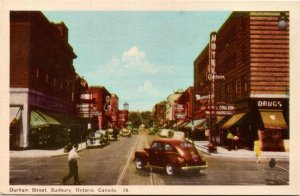 Postcard ON Sudbury Durham Street Drug Store Hotel Coulson Street View 1940s S97