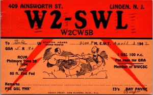 Postcard W2-SWL W2CW5B 409 Ainsworth St. Linden, New Jersey Radio QSL Call Card