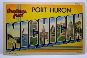Greetings From Port Huron Michigan Large Big Letter Postcard Linen Curt Teich