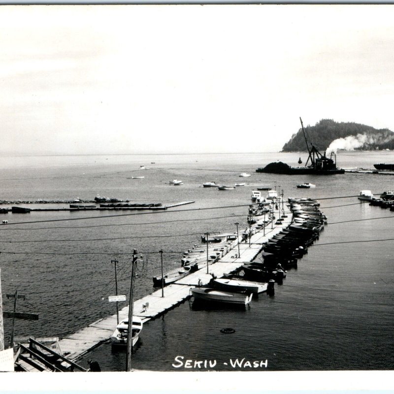 c1950s Sekiu, WA RPPC Boat Docks Harbor Barge Real Photo Postcard Vtg Wash A113