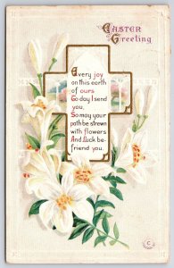 1914 Easter Greetings White Flowers And Holy Cross Holiday Posted Postcard