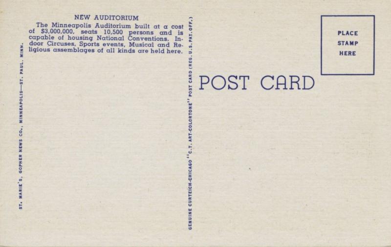 New Auditorium Minneapolis MN Minn Unused Vintage Linen Postcard E5