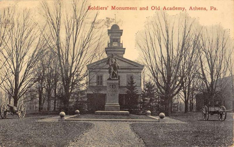 Athens Pennsylvania Soldiers Monument Old Academy Antique Postcard K81501