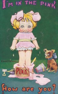 Child Stick In Pink Paint Bucket Dog Antique Dog Comic Humour Postcard