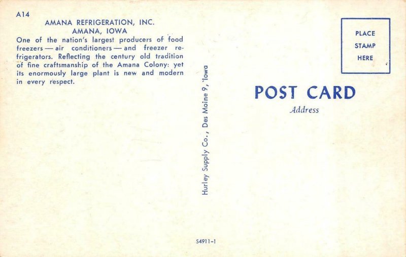 AMANA, Iowa IA    AMANA REFRIGERATION & WOOLEN MILLS   *Two* ca1950's Postcards