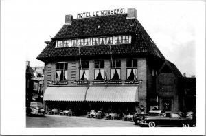 VTG Hotel De Wijnberg Bolsward Netherlands Outdoor Cafe Old Cars RPPC Postcard