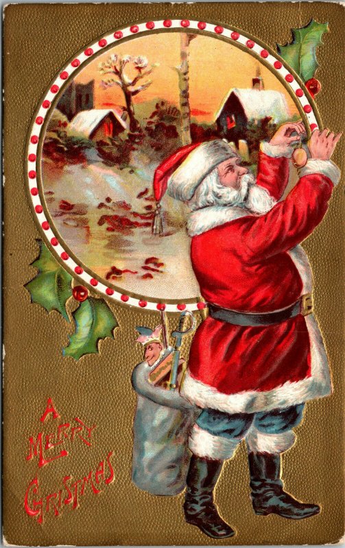 Vtg 1910s Merry Christmas Santa Hanging Ornaments Country Home Gold Postcard