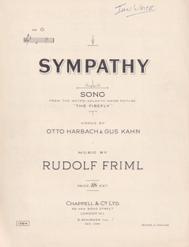 Sympathy Song Rudolf Friml The Firefly 1950s Sheet Music