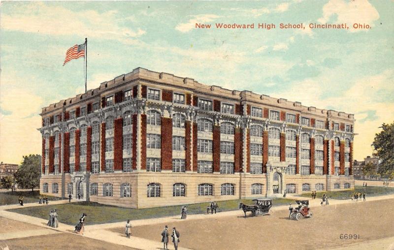 Cincinnati Ohio~New Woodward High School Building~People xing Street~c1910 Pc