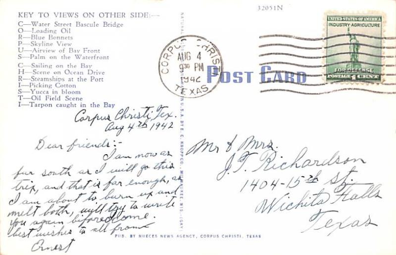 Greetings From Corpus Christi Texas, USA Unused postal marking on front