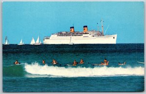 Vtg Honolulu Hawaii SS Lurline Matson Lines Ocean Liner Surfer Surfing Postcard