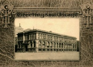 Greetings From Chicago IL Public Library 1908 Postcard Hand Pencil Cancel