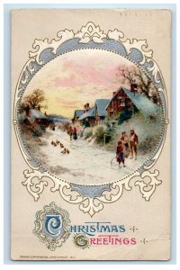 Christmas Greetings Snow Winter Village Chicken John Winsch Embossed Postcard