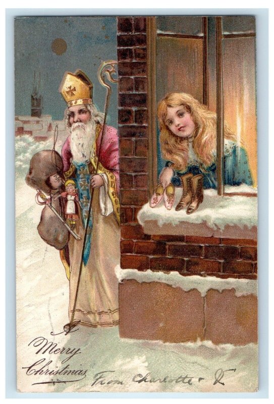 c1910 Christmas White Robe Saint Old World Santa Child Girl Nikolo Doll Postcard