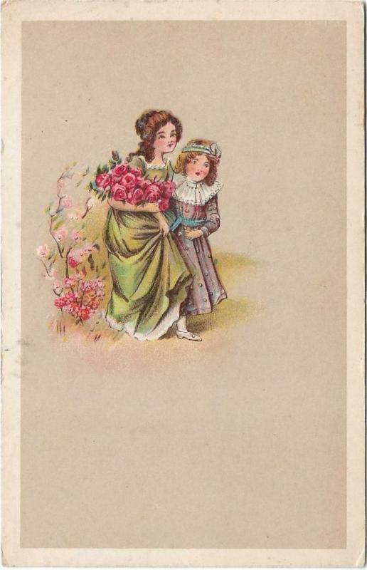 Girls with flowers - art postcard 01.26