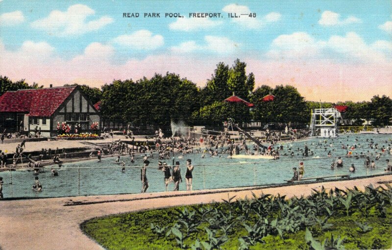 Read Park Pool Freeport Illinios IL Bathers Swimming Linen Postcard Unused