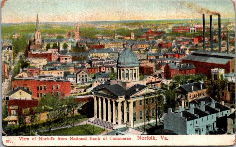 Norfolk VA birdseye view c1908 City Hall smoke stacks apartments vtg postcard