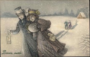 VK Vienne New Year Victorian Couple Lantern Snowy Night c1910 Postcard