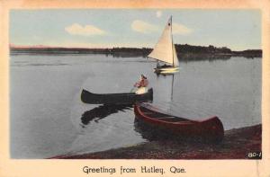 Hatley Quebec Canada Greetings Canoe Scenic Sailboat Antique Postcard J66922