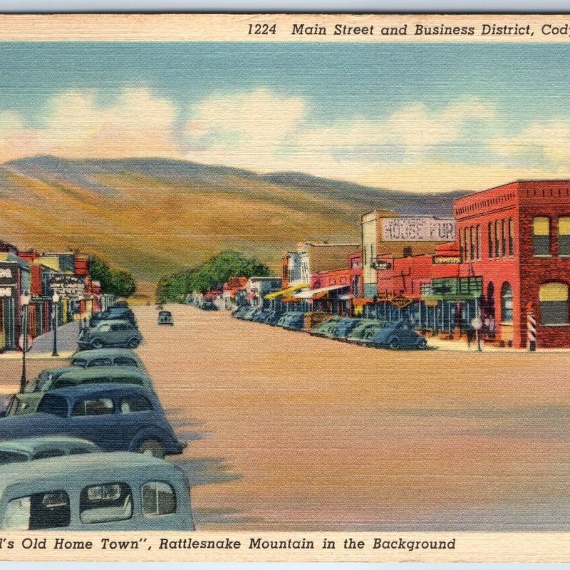 c1940s Cody, WY Main St Buffalo Bills Old Downtown Roadside Stores Shops PC A247