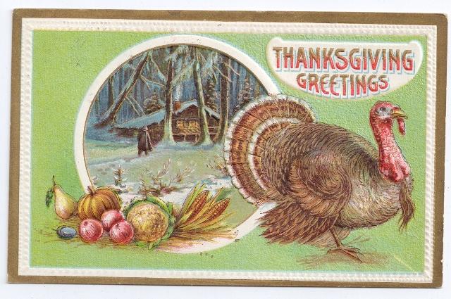 Thanksgiving Greetings Turkey Cottage fruits Embossed 1912 Solomon Bros Postcard