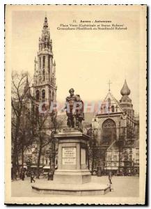 Postcard Modern Antwerp Antwerpen Green Square Cathedral and Rubens Statue Gr...