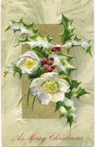 A Merry Christmas Holly & Holly Berries Embossed Printed Germany