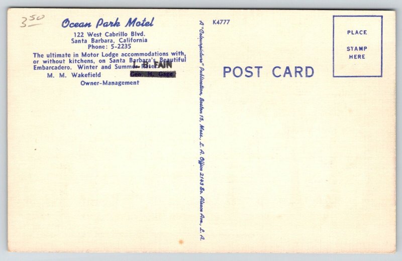 Santa Barbara California~Ocean Park Motel~Bright Bold Colors Linen~1950 Postcard 