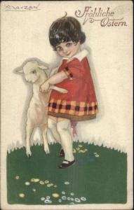 Mauzan Art Deco Easter Adorable Child & Lamb c1920 Postcard