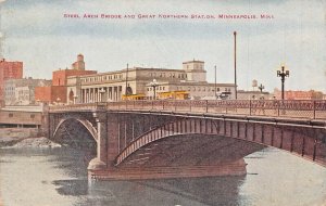 MINNEAPOLIS MN~ STEEL ARCH BRIDGE & GREAT NORTHERN RAILROAD STATION~1922 POSTCA