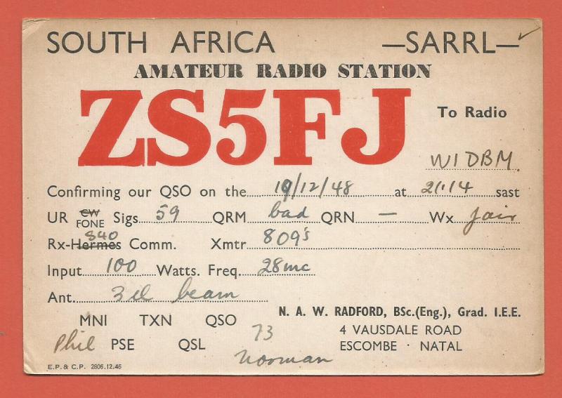 QSL AMATEUR RADIO CARD – ESCOMBE, NATAL, SOUTH AFRICA – 1948