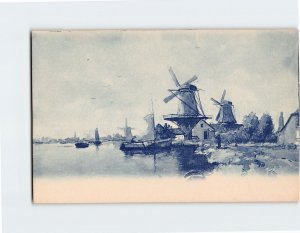 Postcard Lake Boats Mills Landscape Scenery Painting