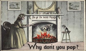 Women's Rights Humor Woman Roasts Tiny Man Over Fire Vintage Postcard
