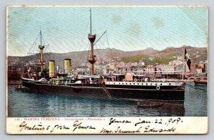 1909 Italian Navy Battleship Piemonte Postcard Genoa Harbor Military Ship