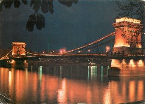 Postcard Hungary Budapest Chain Bridge during night