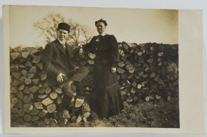 RPPC Woman and Boy Posing at the Wood Pile Mother Son Postcard R3