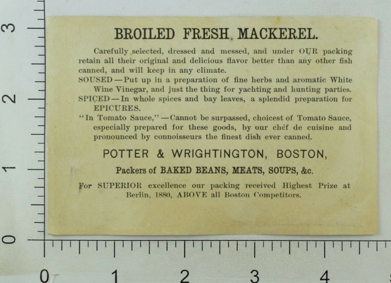 1880's Potter & Wrightington Fresh Mackerel Victorian Trade Card P30