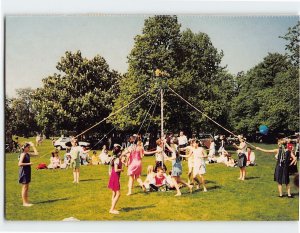 Postcard Girls Maypole Trees Cars Scenery