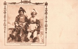 Vintage Postcard 1914 Coasters Portrait of Children Playing Skiing Snow Board