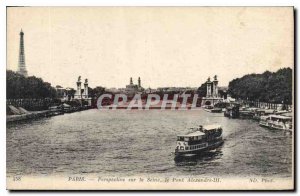 Postcard Old Paris perspective on the Seine on Pont Alexandre III Eiffel Towe...