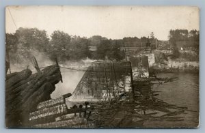 DESTROYED RAILROAD BRIDGE & TRAIN ANTIQUE REAL PHOTO POSTCARD RPPC railway