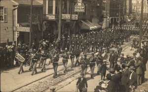 Portsmouth NH Military Parade Music Band Street Scene Store Signs RPPC c1910