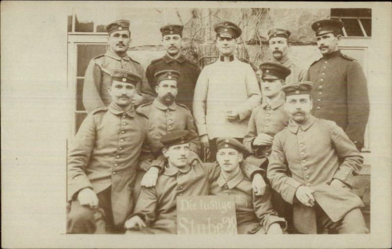 WWI German Soldiers Pose Die Lustige Stube 28 c1915 Real Photo Postcard